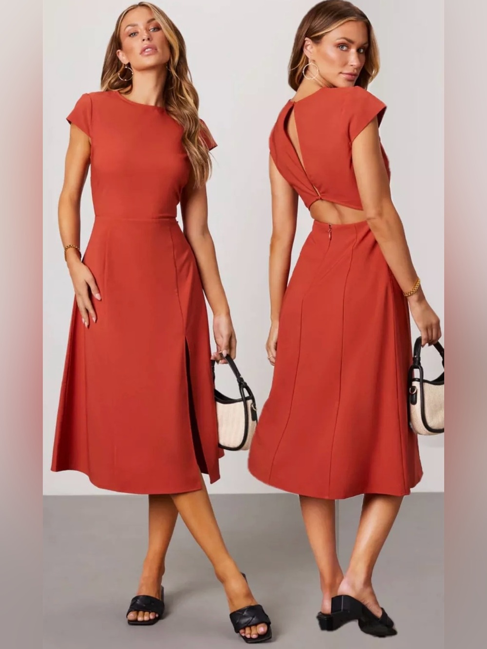 Vici Rust Red Midi A-Line Cap Sleeve Dress